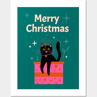 Merry Christmas! Cute black cat in box with bow illustration. Xmas art gift idea Posters and Art